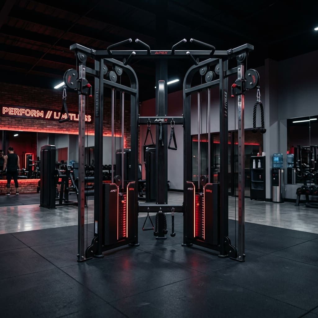 Functional trainer cable machine with pulleys and weight stacks in modern gym